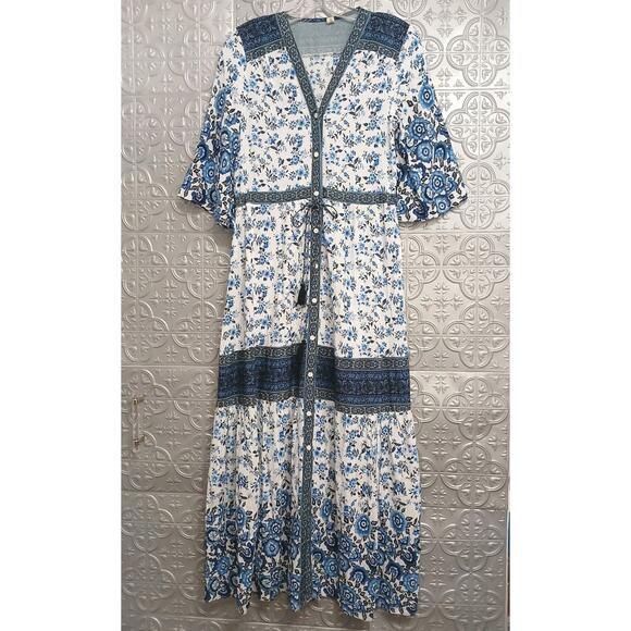 FP To Love Bohemian Maxi Dress Sz S Blue Santorini Floral Cottagecore Vacation - Picture 4 of 16